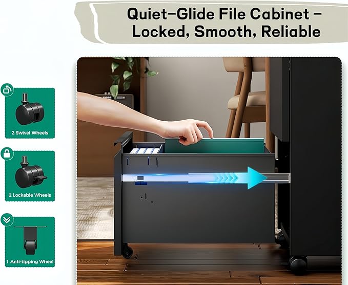 2 Drawer File Cabinet, Fully Assembled Locking Full Steel Filing Cabinet, 150LBS Capacity, Quiet Slides, Anti-Tipping Wheels, Fits A4/Letter/Legal, for Home Office, Matte Black
