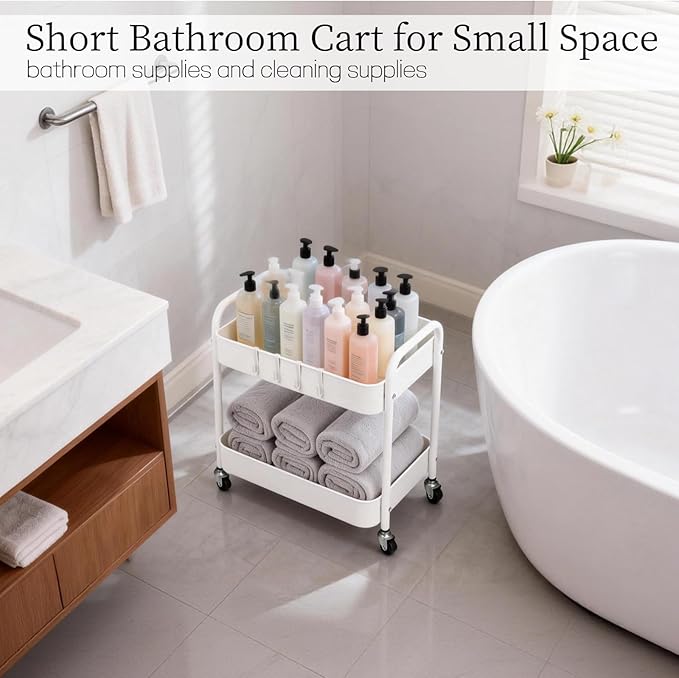 Under Desk Storage Cart 2 Tier Utility Rolling Cart with Wheels, Small Metal Mobile Trolley with Handle Two Tiered Utility Organizer Roller for Kitchen Office Bathroom Pantry Room, White