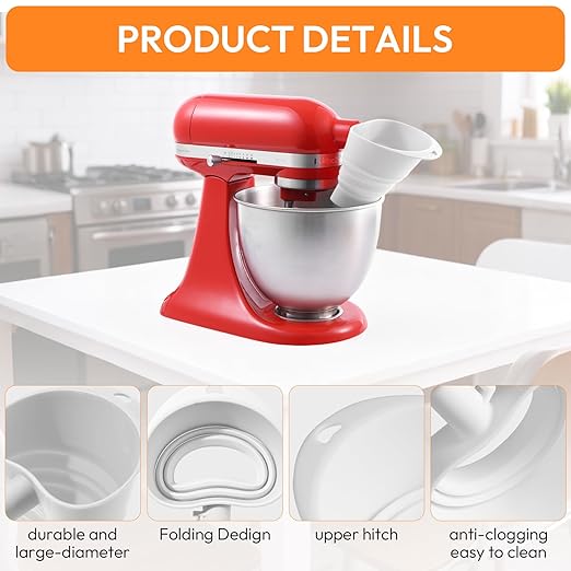 2 Pack-Silicone Flour Funnel for KitchenAid Mixer, Foldable Pouring Chute with Hanging Hole, 12.5 x 11.6 Inch, Dishwasher Safe Baking Accessory, White