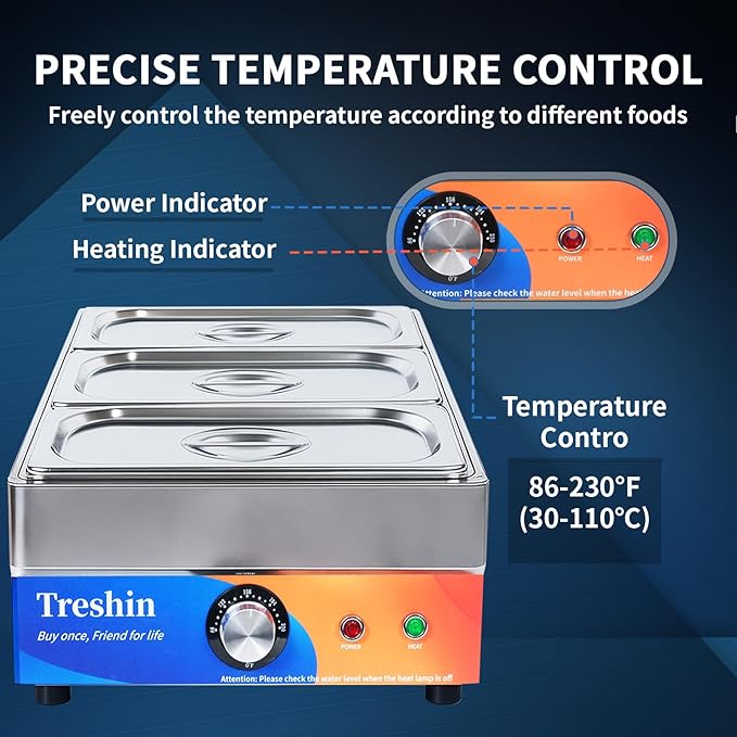 Treshin 3 Pan Commercial Food Warmer, Stainless Steel Bain Marie Food Warmers Steam Table 15 Qt 1200W with Temperature Control & Lid for Home, Catering, Restaurants
