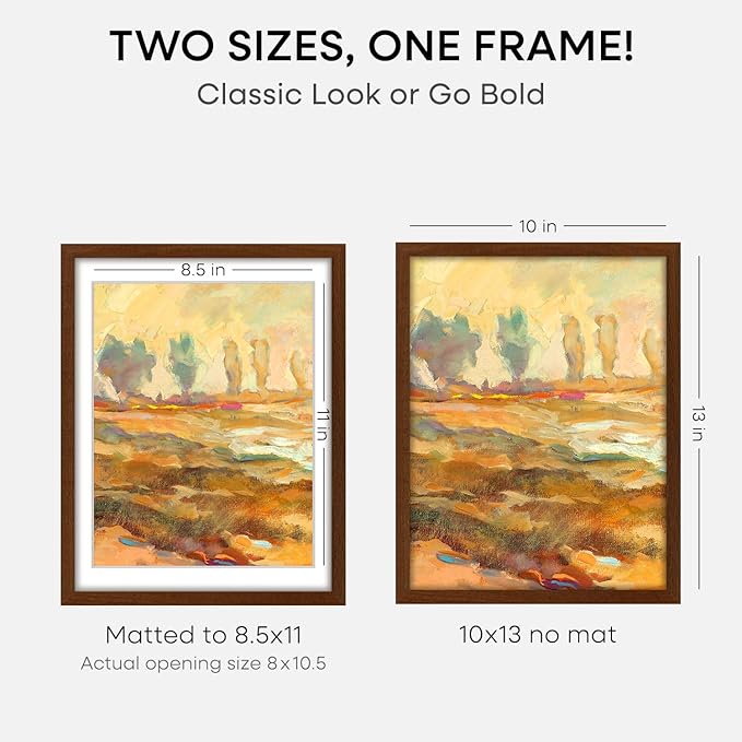 Homeforia 10x13 Brown Picture Frame, High End Dark Oak 10x13 Walnut Poster Frame with Mat 8.5x11, 10 x 13 Wooden Frames Matted to 8 by 10 inch Photo, 13x10 Frames, Tempered Glass, Wall Kit, Set of 1