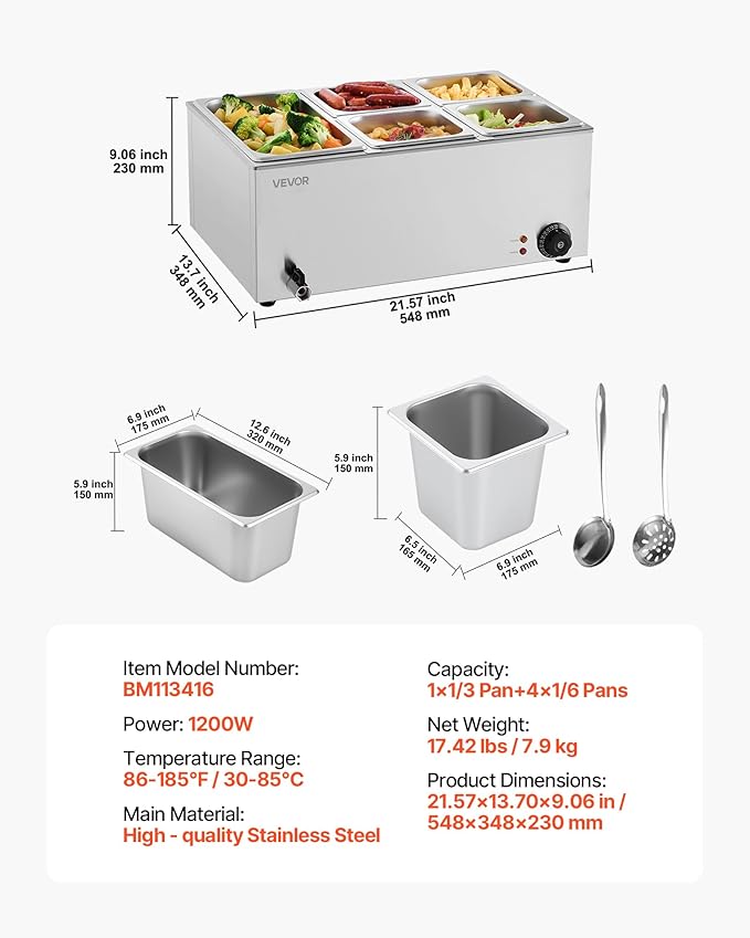 VEVOR 5-Pan Commercial Food Warmer, 24QT Electric Steam Table, 1200W Professional Countertop Stainless Steel Buffet Bain Marie with 86-185°F Temp Control for Catering and Restaurants, Silver