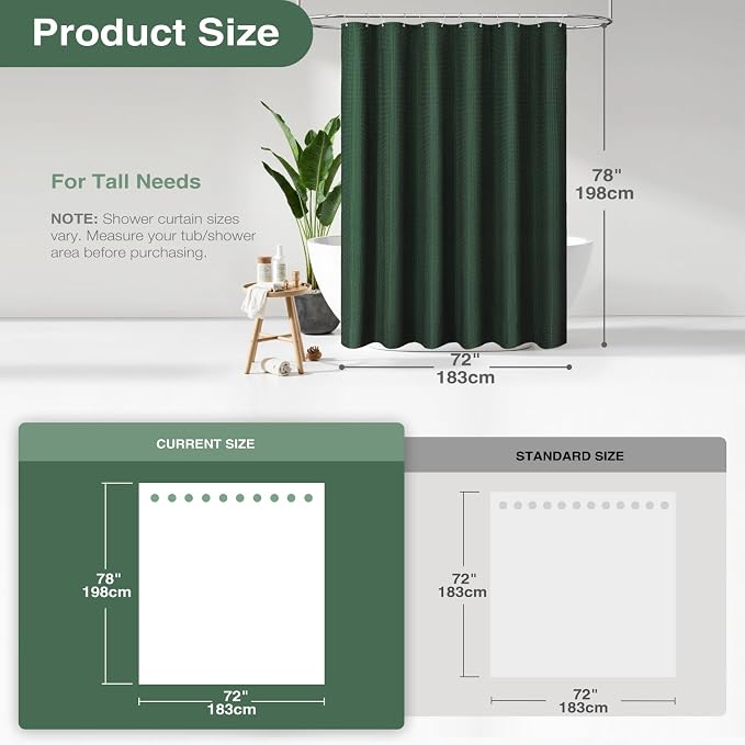 Dynamene Long Waffle Shower Curtain 256 GSM Heavy Fabric 72x78 Dark Green - Image 2