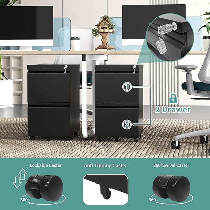 Fully Assembled 2 Drawer File Cabinet, Locking Full Steel Filing Cabinet, Quiet Slides, Anti-Tipping Wheels, Fits A4/Letter/Legal, for Home & Small Office, Matte Black