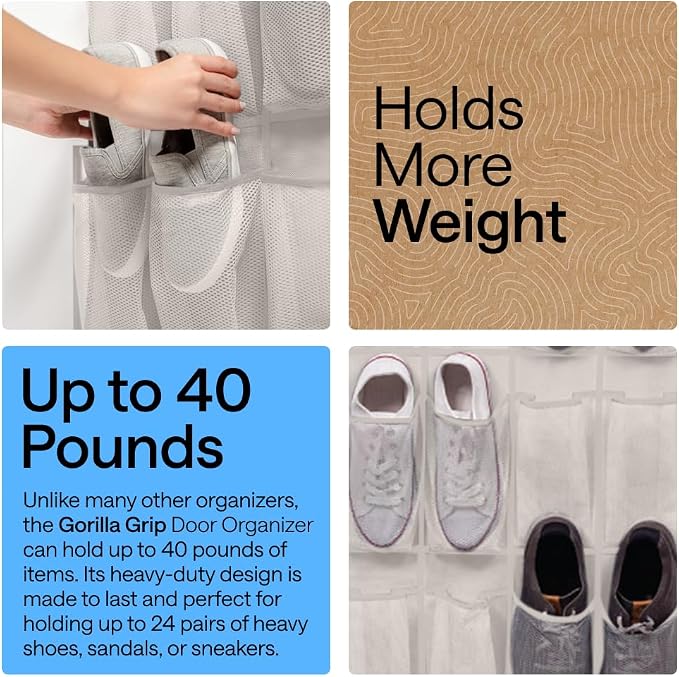 GORILLA GRIP Over the Door Shoe Organizer, 24 Large Pockets, Linen | Breathable - Image 3