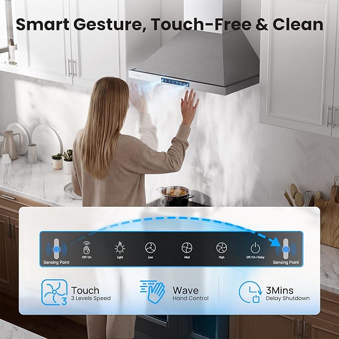 36 inch Pro Wall Mount Range Hood 980CFM, Direct 3 Speed Panel with Gesture & Touch Control, Ducted/Ductless Stainless Steel Kitchen Vent Hood, Delay Shut-Off, Includes Duct & Filter