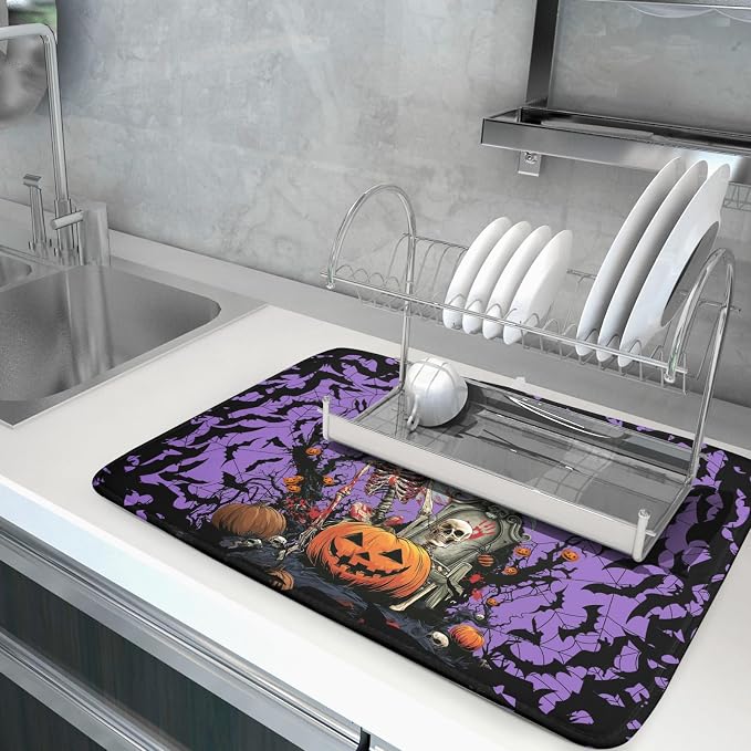 Giwawa Halloween Pumpkin Dish Drying Mat 18x24 inch Spooky Ghost Bat Dish Rack - Image 5