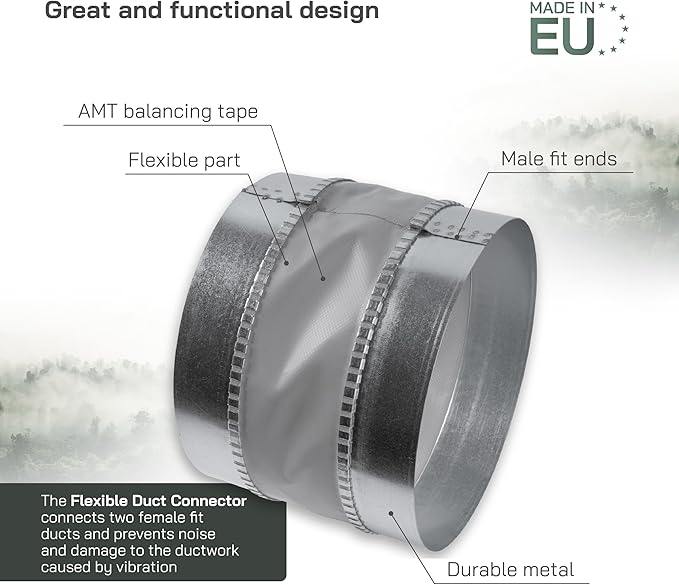 Vent Systems 8" Inch Flexible Vibration-Reducing Male Fit Duct Connector – Round Galvanized Steel Dryer Vent Hose Connector, Spiral Duct, Pipe Extender, HVAC Ventilation - Inline Duct Work Coupler