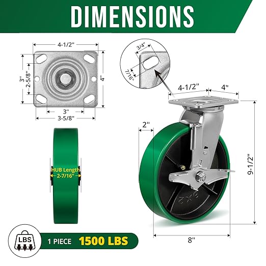 8" Heavy Duty Casters, Casters Set of 4 Total Capacity 6000 lbs- Polyurethane on Steel wheel, Industrial Casters for Carts Pallet Trucks(4 Pack Brake)