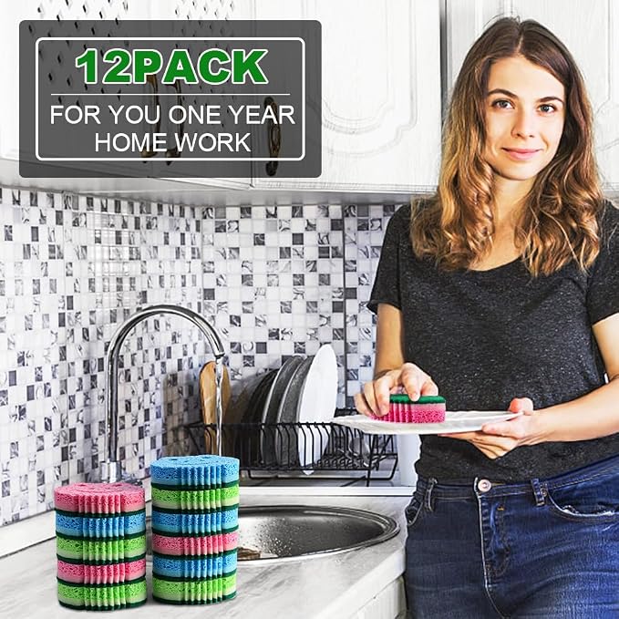 12 Pack Scrub Sponge, Bulk Sponges, Dual-Sided Multi-Functional Premium - Image 7