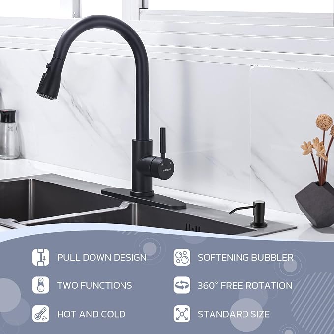 WEWE Kitchen Faucet with Soap Dispenser, 3-Mode Sprayer, Matte Black | - Image 2