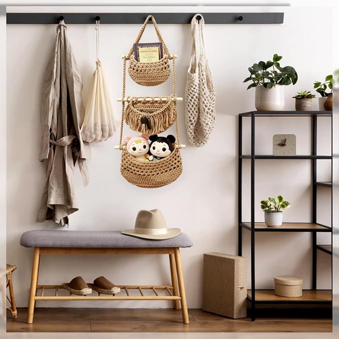 Cotton Rope Hanging Basket, 3 Tier Detachable Wall Organizer Handmade Woven - Image 5