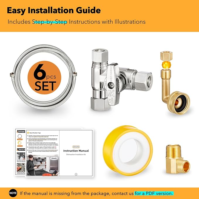 Dishwasher Hose Installation Kit - Includes Water Supply Line, 3/8" Compression Water Splitter, 3/4" FHT Elbow, and 3/8" MIP Elbow (4 FT)
