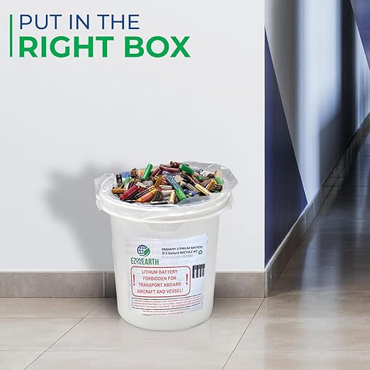 Primary Lithium Battery Recycling Container - 0.5 Gallon, Battery Disposal Bin with Lid That Holds up to 8.8 lbs Batteries - Recycling Pail with Cardboard Box