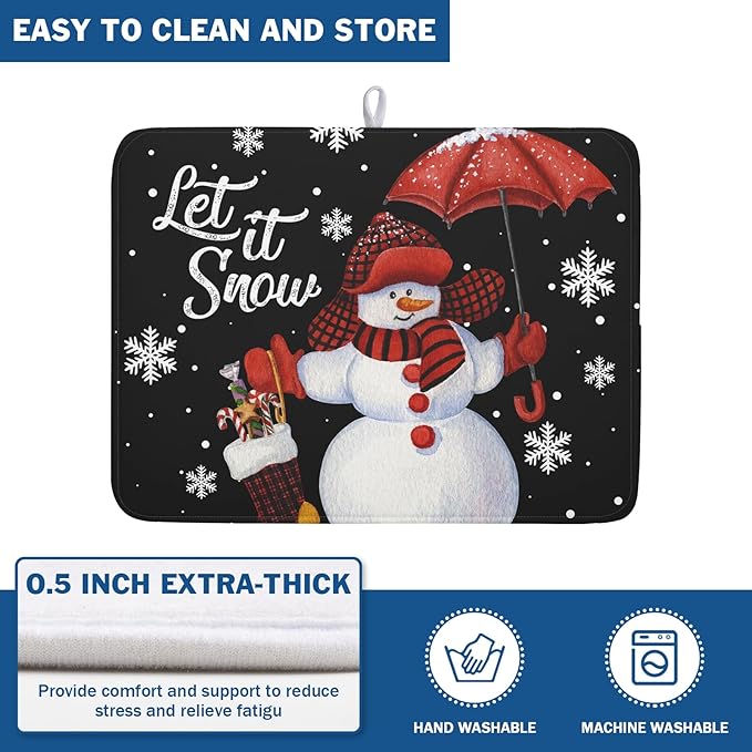 Black Snowman Dish Drying Mats for Kitchen Counter, Winter Snowflake Dish Mat - Image 5