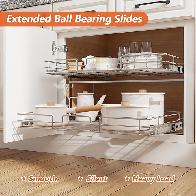 ROOMTEC Individual Pull Out Cabinet Organizer (27" W x 21½" D), 2 Tier Spice Rack Organizer for Cabinet, Slide Out Drawer Pantry Shelf Organization and Storage for Kitchen Bathroom