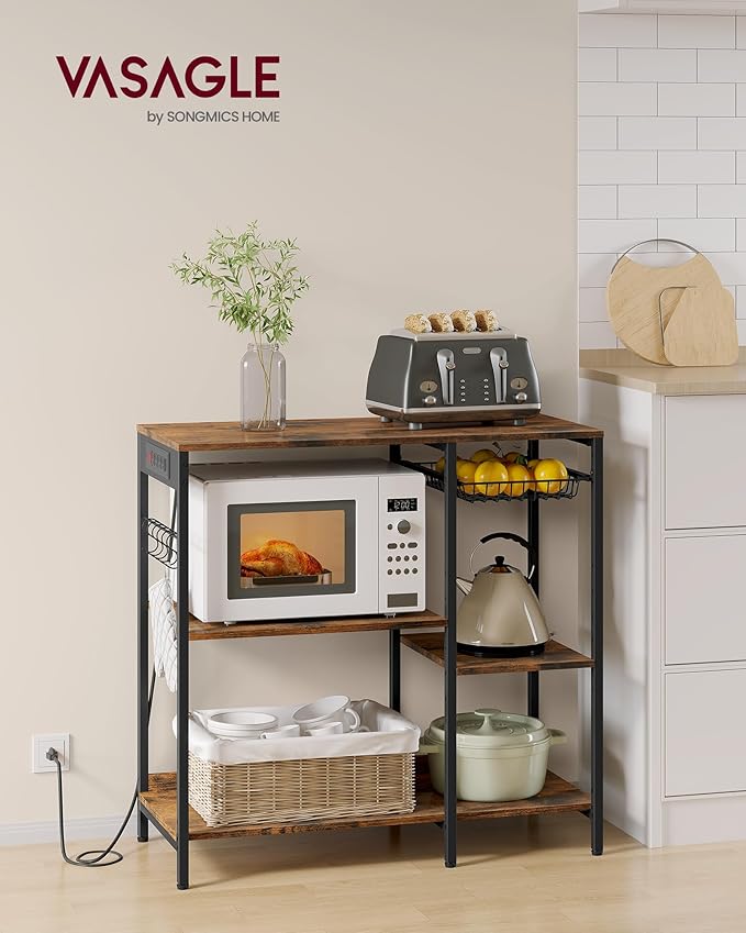 VASAGLE Baker's Rack, Coffee Bar Stand with Charging Station, 35.6 Inches Tall, Storage Shelves, Pull-Out Wire Basket, Table for Microwave, Kitchen, Rustic Brown and Ink Black UKKS036K01