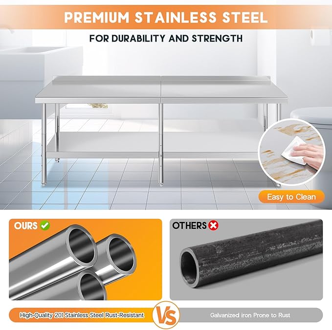 Jocisland 30" x 96" Stainless Steel Table for Prep & Work with Backsplash, Adjustable Under Shelf & Safe Design for Restaurant, Home and Outdoor