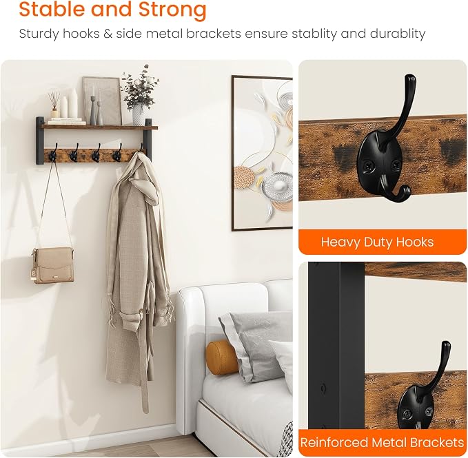Wall Hooks with Shelf, Wood Coat Rack with Shelf Wall-Mounted, Entryway Hanging - Image 4