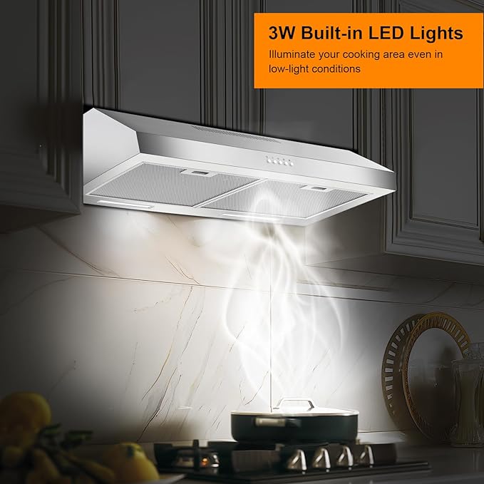 Range Hood 30 Inch Under Cabinet, 600 CFM Ducted/Ductless Vent Hood for Kitchen, Stove Vent with Bright LED Lights, Reusable Filters and 3 Speed Exhaust Fan
