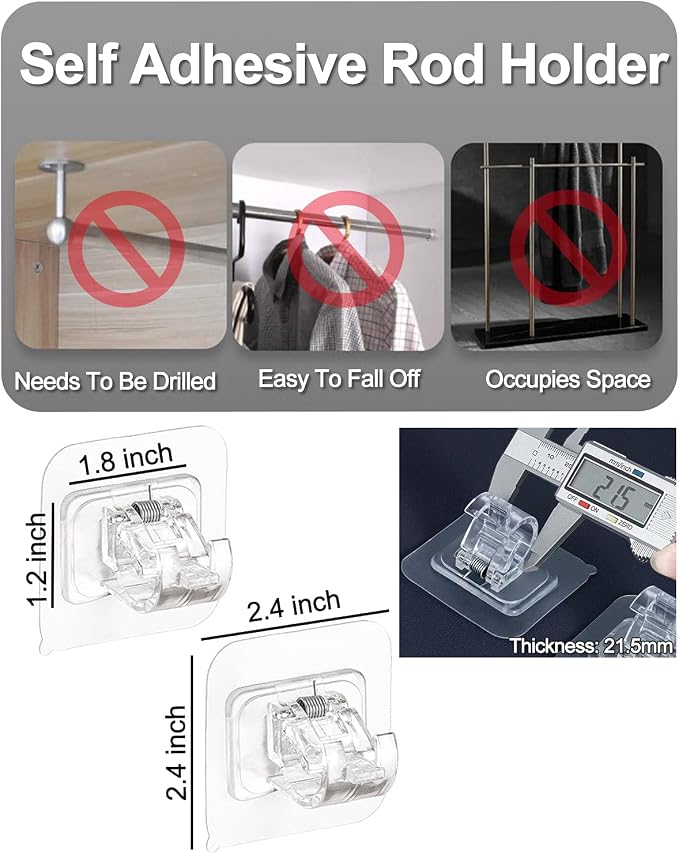 Curtain Rod Brackets No Drilling 8 Pack, Self Adhesive Hooks, Transparent | - Image 4
