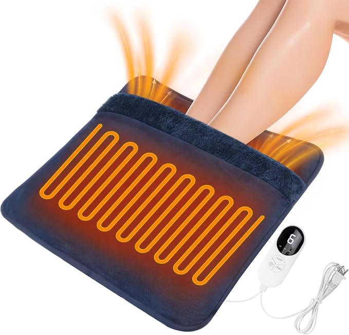 Double Sided Electric Foot Warmer with LCD Display, 6 Heat Settings & 3 Timer, Fast Heating Feet Heating Pad with Auto Shut Off, Non-Slip & Machine Washable Plush, Under Desk for Office/Home/Bed-Navy
