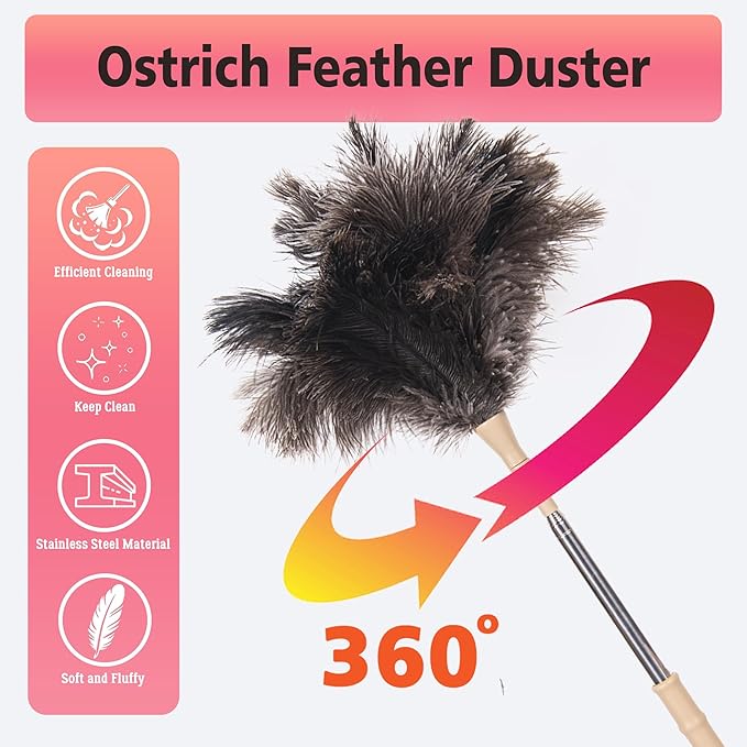Extendable Ostrich Feather Duster, Natural Ostrich Feathers Long Handle Duster - Image 4