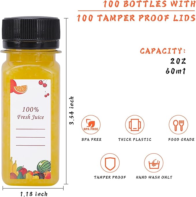 Plastic Juice Bottles 150 pcs 2 oz Empty Plastic Water Bottles with Caps Reusable Clear Beverage Containers for Drinking, Juicing, Smoothie, Water with 2 Brushes, 2 Funnels, 160 Stickers