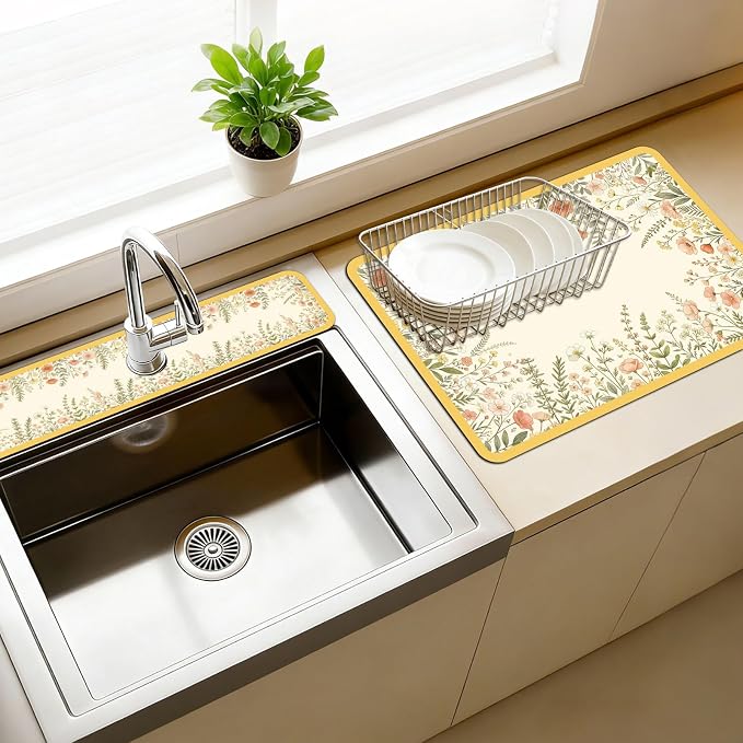 3 Pcs 2 Size Kitchen Sink Splash Guard Faucet Mat Watercolor Floral Frame by CONCHLERY%E6%97%97%E8%88%B0%E5%BA%97