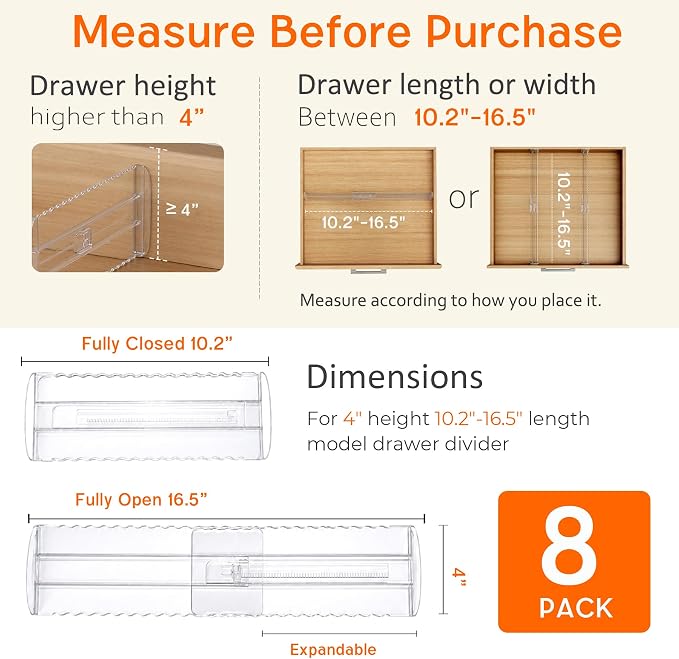 8 Pack 4" High Drawer Dividers for Clothes, 10.2"-16.5" Expandable | Adjustable - Image 2