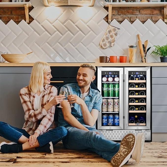 Tylza Wine and Beverage Refrigerator, 24 Inch Dual Zone Wine Fridge, Holds 18 Bottles and 88 Cans, French Doors, Lock, Under-counter or Freestanding Wine Cooler, Beverage Fridge with Tempered Glass