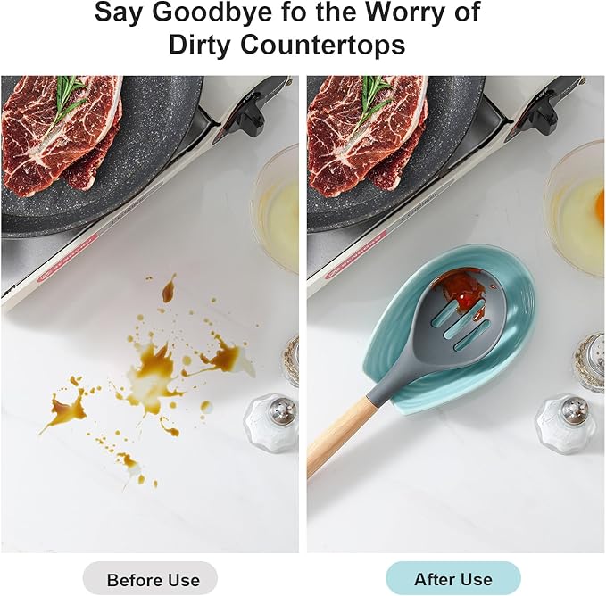 Spoon Rest for Kitchen Counter, Ceramic Cooking Spoon Holder for Stove Top, Porcelain Utensil Rest for Spatula, Ladle, Tong and Spoon, Modern Kitchen Accessories Decor, Teal