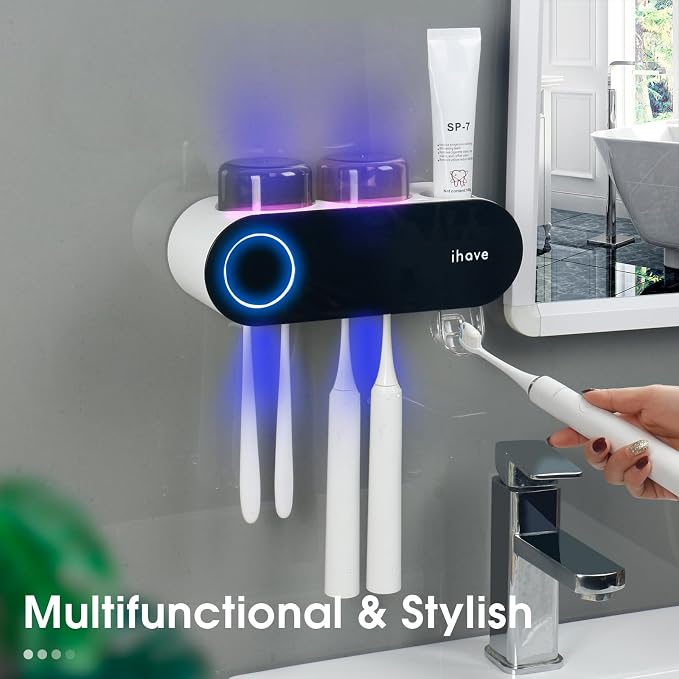 iHave UV Toothbrush Sanitizer Holder Wall Mount Toothpaste Dispenser, 2-Cup | - Image 3