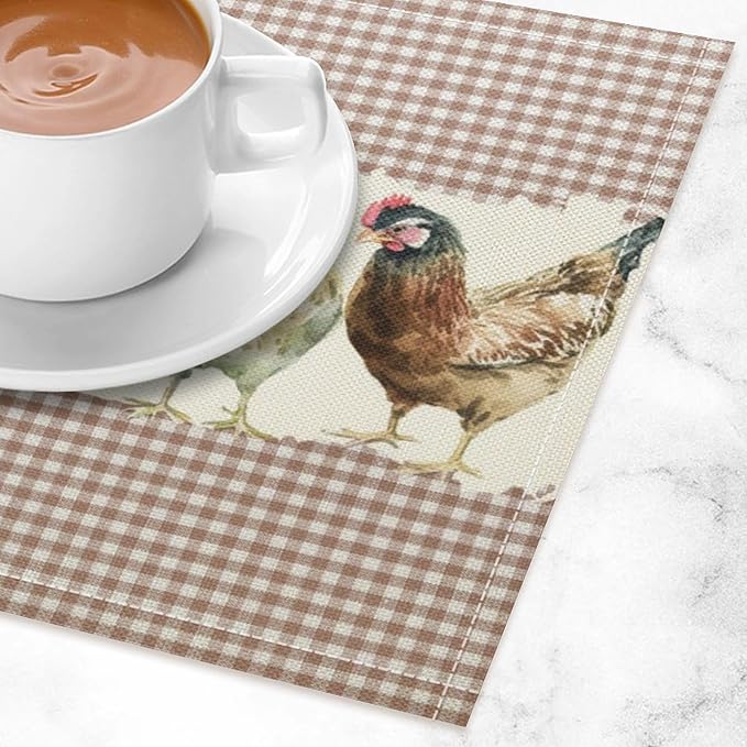 Rustic Rooster Placemat Set, Vintage Boho Farmhouse Colorful Watertcolor Chicken Pink Plaid Pattern Home Decor Table Mats for Dining Room Kitchen Party (17x12in) x4P