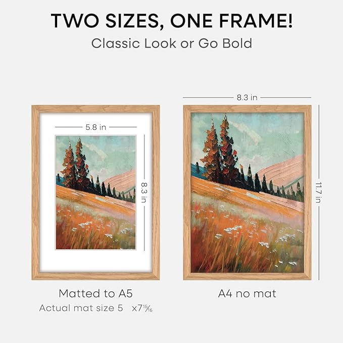 Homeforia A4 Picture Frame Wood, High-End Natural Oak 8.3 x 11.7 Wooden Poster Frames Matted to 5.8 by 8.3 inch Photo, A4 Size Light Wooden Frames with Mat A5 Print, Tempered Glass, Wall Kit, Set of 4