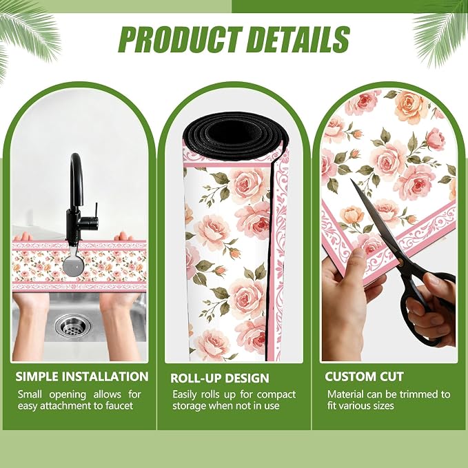 3 Pcs 2 Size Kitchen Sink Splash Guard Faucet Mat Pale Pink Flowers Pattern - Image 3