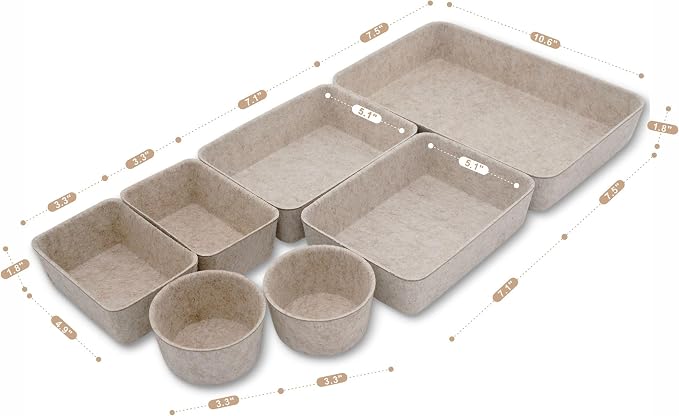Welaxy 7pc Scandinavian Felt Desk Drawer Organizer Oatmeal Catchall Tray | - Image 7