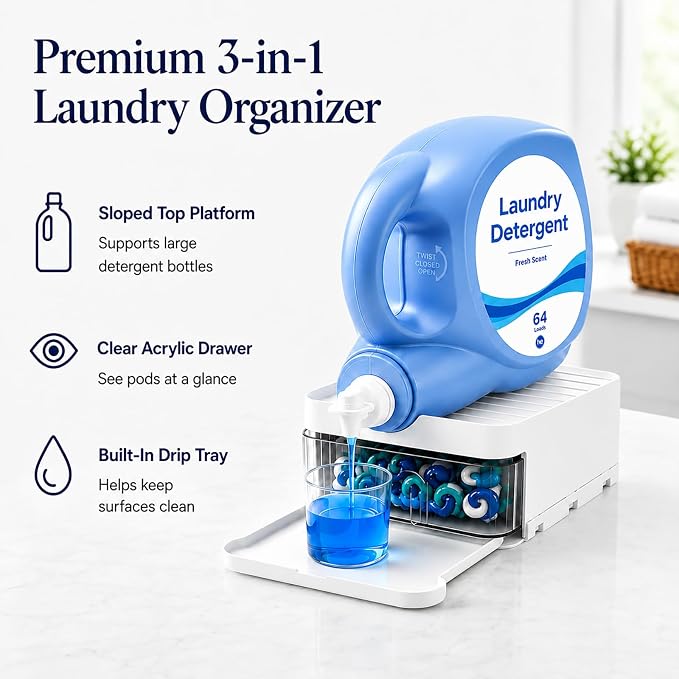 Laundry Detergent Holder with Pod Storage Drawer & Drip Tray, 3-in-1 Detergent - Image 2