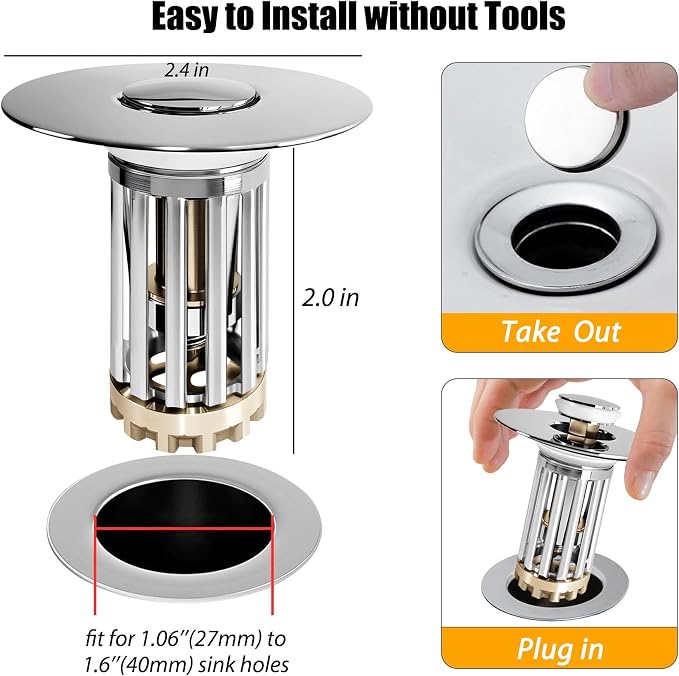 Anlige Bathroom Sink Drain Strainer, 3 in 1 Pop Up Bathroom Sink Stopper - Image 4