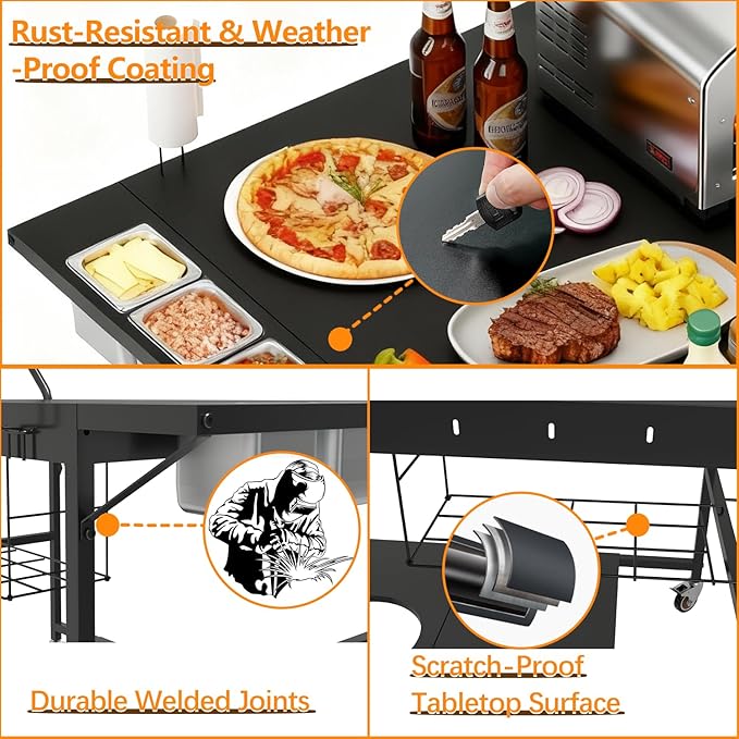 Pizza Oven Table with Topping Station, Outdoor Pizza Oven Cart, Grill Cart Table for Blackstone Griddle, Pizza Prep Station with Storage & Seasoning Tray, for Ninja, Cuisinart, Gozney