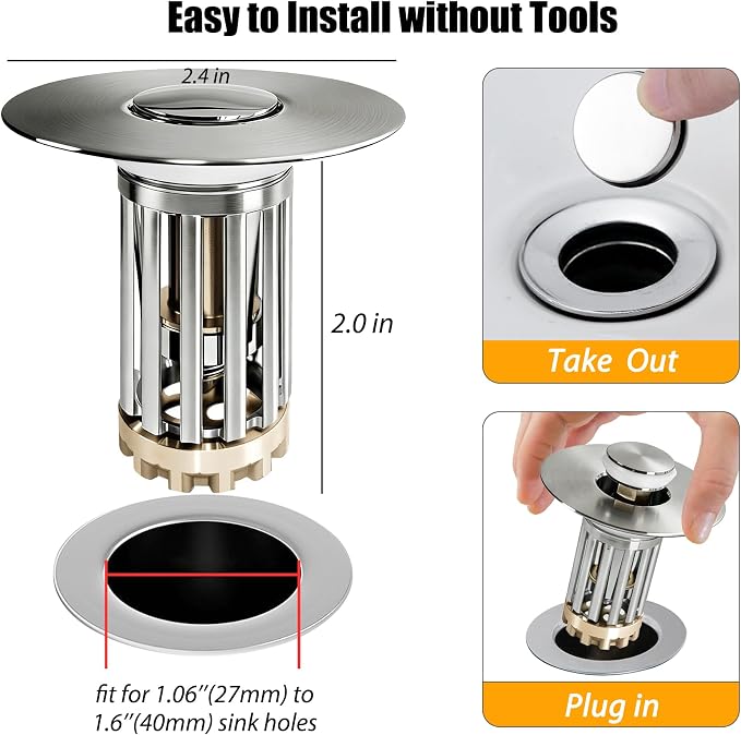 Anlige 3 in 1 Pop Up Bathroom Sink Stopper, Bathroom Sink Drain Strainer - Image 2