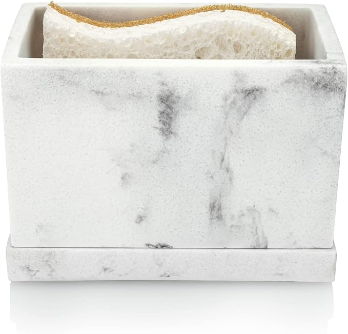 Essentra Home White Marble Kitchen Sponge Holder, Modern Kitchen Sink Caddy by EssentraHome