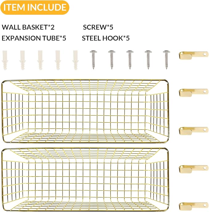 Kinlink 2 Sets Gold Extra Large Hanging Wall Basket - Image 4