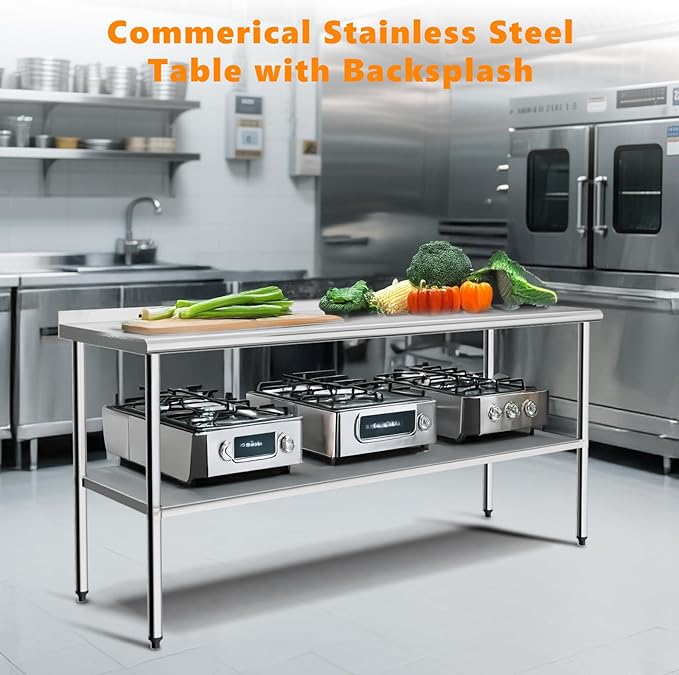 ROVSUN 72'' x 24'' Stainless Steel Table for Prep & Work,Commercial Worktables & Workstations,Heavy Dut Metal Table with Adjustable UnderShelf & Backsplash for Kitchen, Restaurant,Home,Hotel