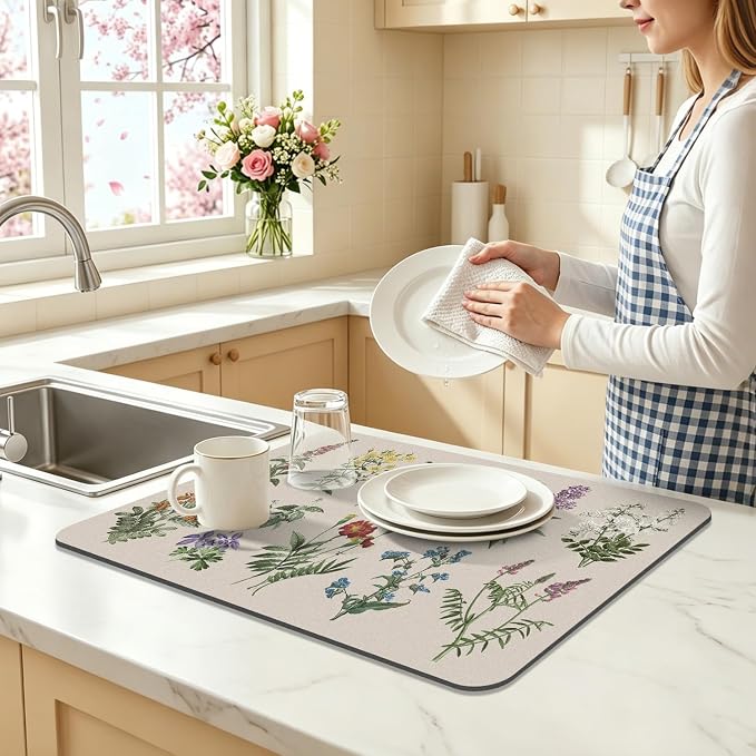 LOKHOM 16"x24" Dish Drying Mat，Vintage Sage Flower Herb Coffee Mat | Ultra - Image 4
