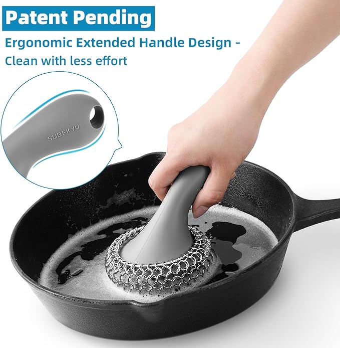 SUBEKYU Cast Iron Scrubber with Silicone Handle, Stainless Steel Cast Iron Skillet Cleaner Chainmail Scrubber for Pans, Grey