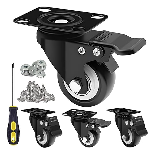 MSH&HCE 2 Inch Heavy Duty Locking Caster Wheels with Brake - 360° Swivel, 600lb Capacity - Quiet Casters for Furniture, Tables, Workbenches- Includes Screws, washers & Screwdriver(Set of 4)