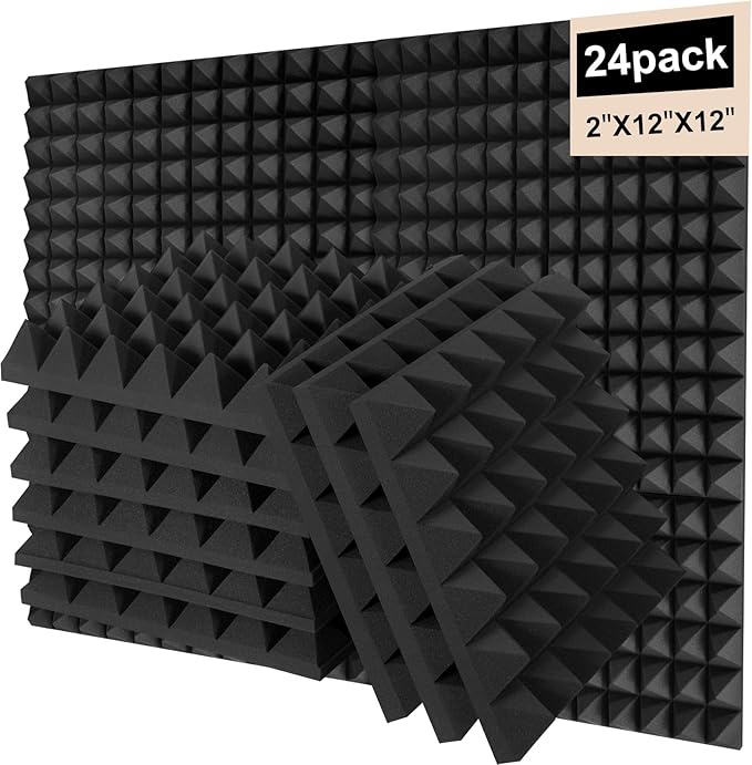 24 Pack Sound Proof Foam Panels for Walls, 2"X 12" X 12" Pyramid Designed Acoustic Foam Panels Sound Absorbing, Noise Cancelling Dampening Wall Panels for Studio Recording & Office & Home
