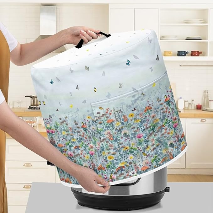 Insulated Pressure Cooker Appliance Cover, Also Fit for Air Fryer and Crock Pot, 3 Qt Dust Cover with Pocket for Spoon/Cooking Utensils/Recipes, for Home Decoration, Flower Butterfly Blue