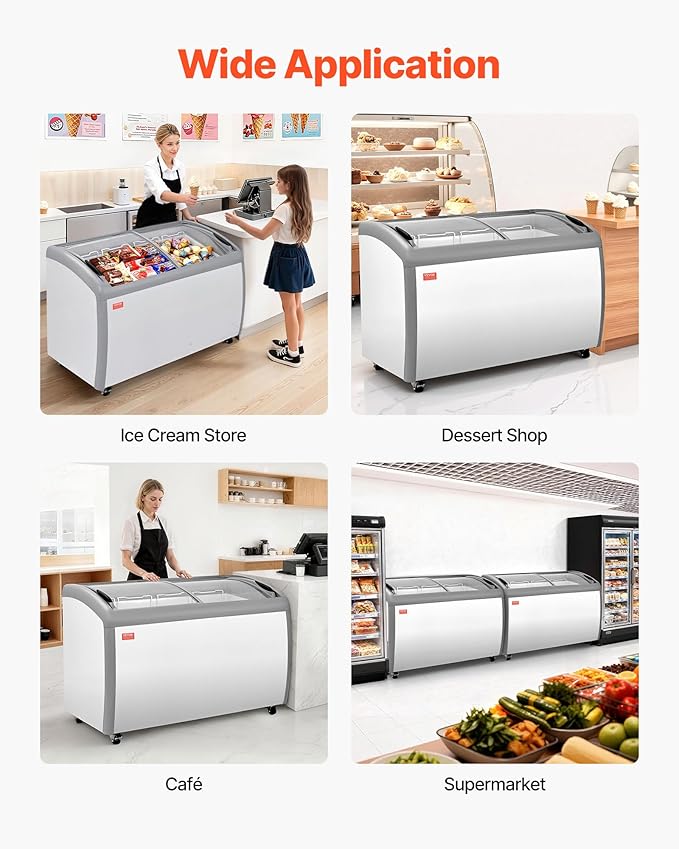 VEVOR Commercial Ice Cream Display Case, 12.8 Cu.ft Chest Freezer, -19 to 3℉ Temp Adjustable Mobile Top Deep Freezer with 4 Wire Baskets, 2 Sliding Glass Doors, Locking Casters & LED Strip Lighting